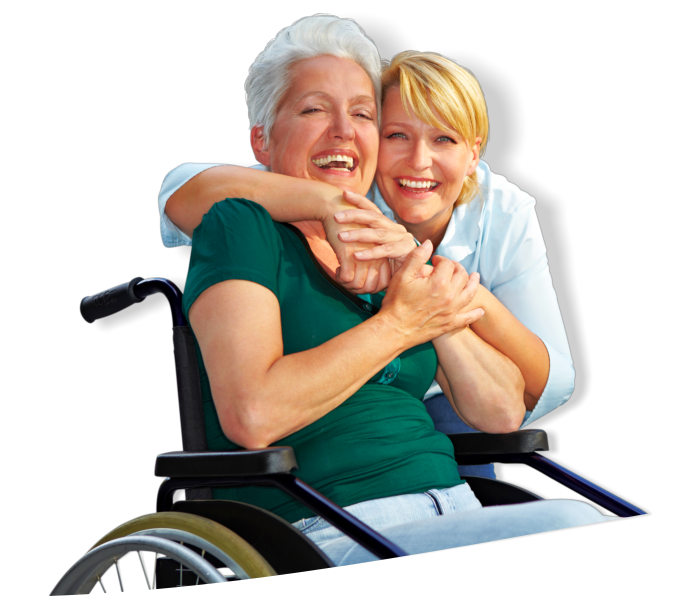 A caregiver hugging an elderly sitting on a wheelchair
